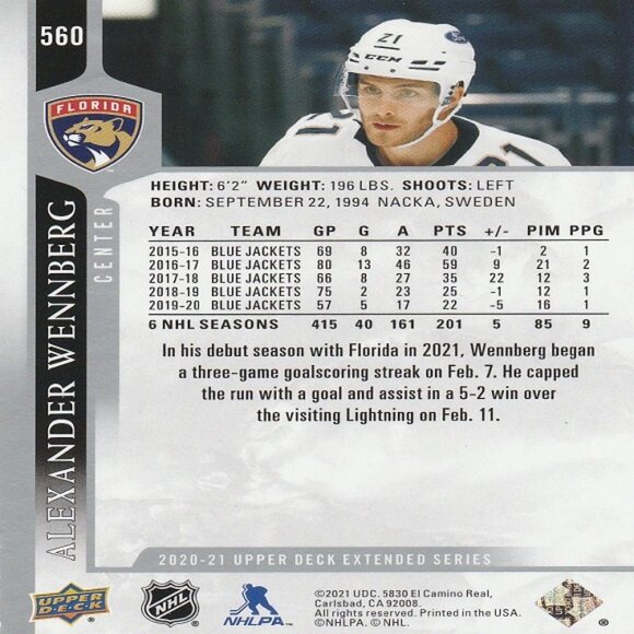 Alexander Wennberg - 2020/2021 Upper Deck Extended Series Hockey Card - Picture 2 of 2